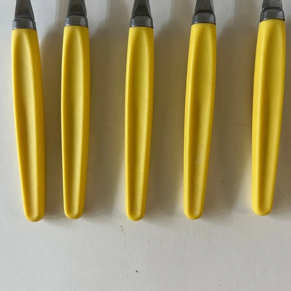 Vintage MCM Stainless Japan Yellow Resin Silver Ware 5 Teaspoons 2 Forks 7